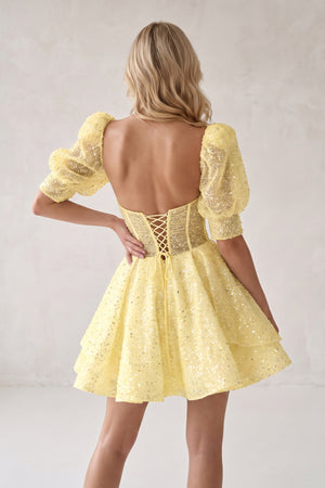 Yellow Sweetheart White Sequin Short Homecoming Dress With Puff Sleeves (2) | KISSPROM
