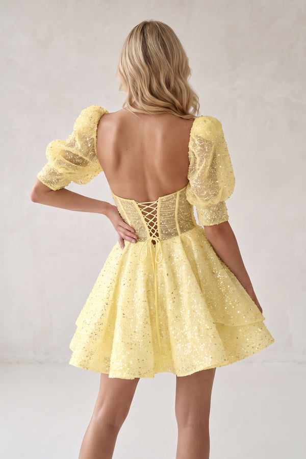 Yellow Sweetheart White Sequin Short Homecoming Dress With Puff Sleeves (2) | KISSPROM