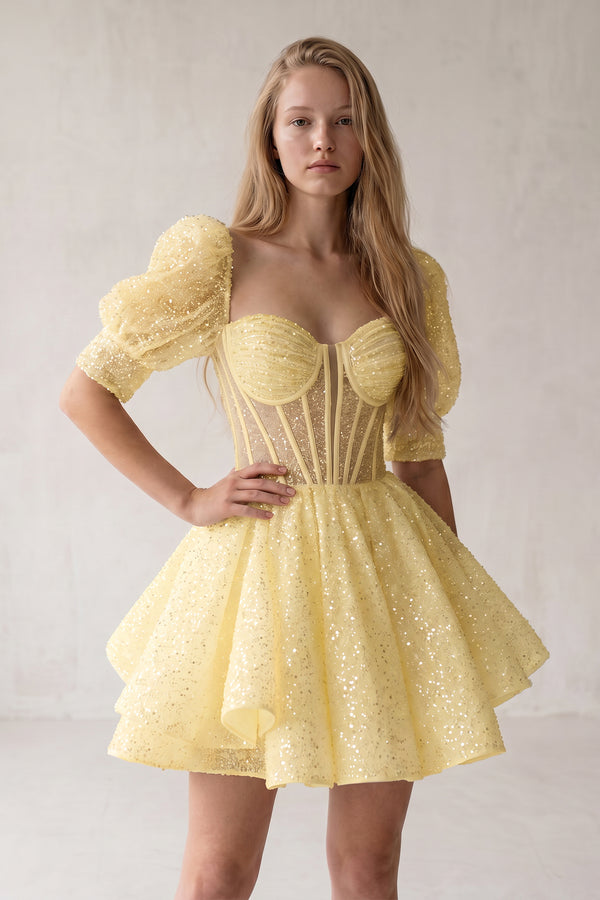 Yellow Sweetheart White Sequin Short Homecoming Dress With Puff Sleeves | KISSPROM