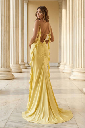 Yellow V Neck Mermaid Satin Ruffled Long Prom Dresses With Slit - KissProm