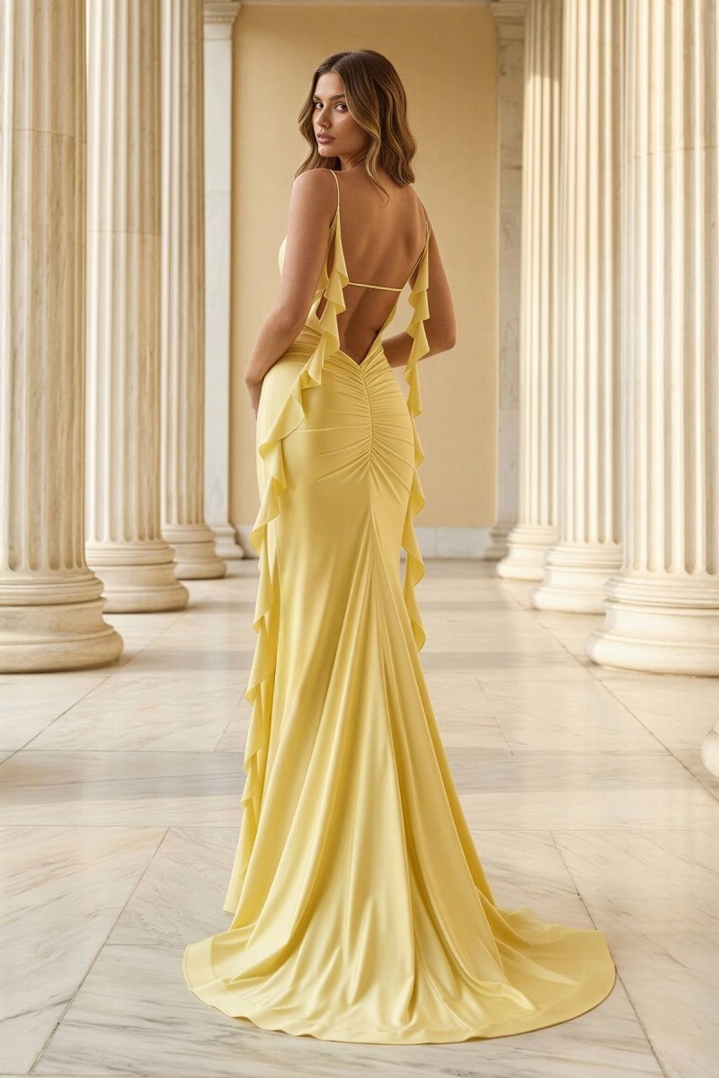 KissProm Yellow Spaghetti Straps Mermaid Satin Ruffled Long Prom Dresses With Slit, Yellow / 8
