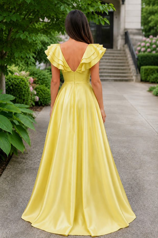 Hot Pink V-Neck Ruffle A-Line Long Prom Dress - Kissprom