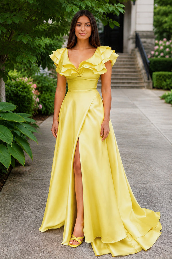 Hot Pink V-Neck Ruffle A-Line Long Prom Dress - Kissprom