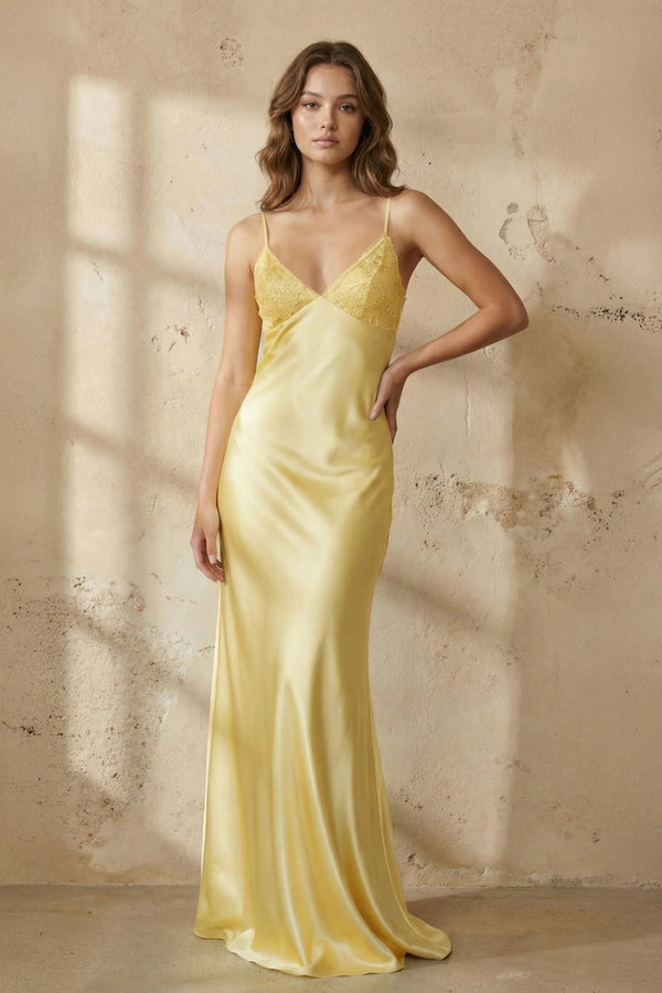 Kiss Prom-Yellow Spaghetti Straps Sheath Satin Long Prom Dresses With Appliques