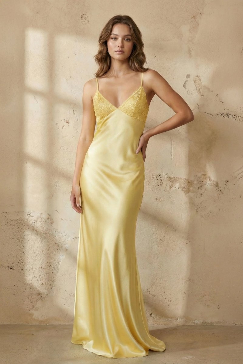 Blue Spaghetti Straps Sheath Satin Long Prom Dresses With Appliques, Pastel Yellow / 4 Blue Spaghetti Straps Sheath Satin Long Prom Dresses With Appliques, Pastel Yellow / 4