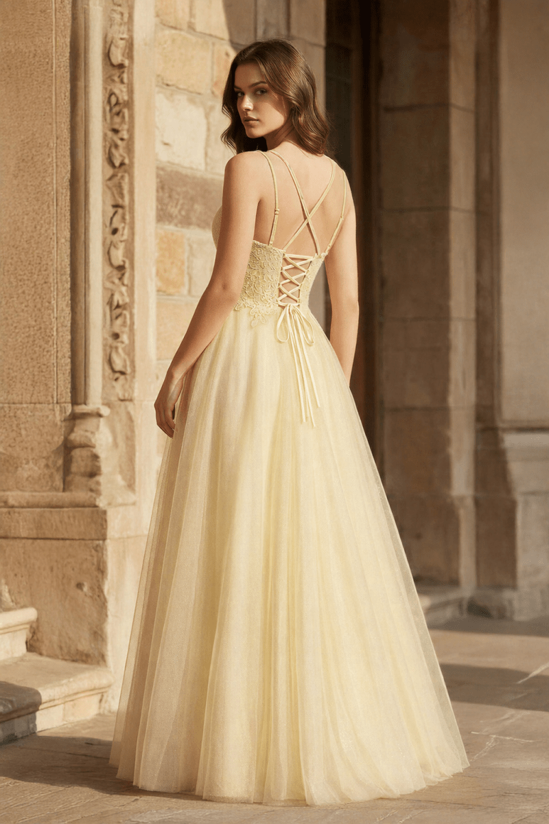 Yellow A - line Floor Length Glitter Tulle Prom Dress - KissProm