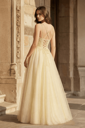 Yellow A - line Floor Length Glitter Tulle Prom Dress - KissProm