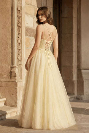 Yellow A - line Floor Length Glitter Tulle Prom Dress - KissProm