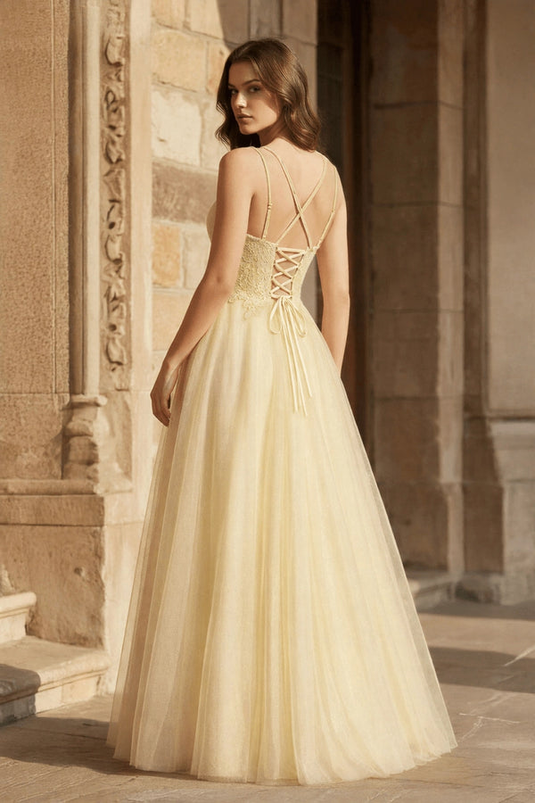 Yellow A - line Floor Length Glitter Tulle Prom Dress - KissProm