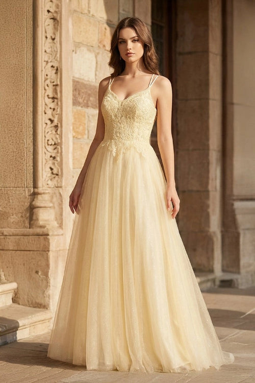 Yellow A - line Floor Length Glitter Tulle Prom Dress - KissProm