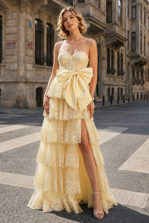 Sweetheart Light Blue Lace Appliques Ruffle Long Formal Gown - KissProm