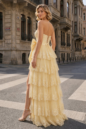 Sweetheart Light Blue Lace Appliques Ruffle Long Formal Gown - KissProm