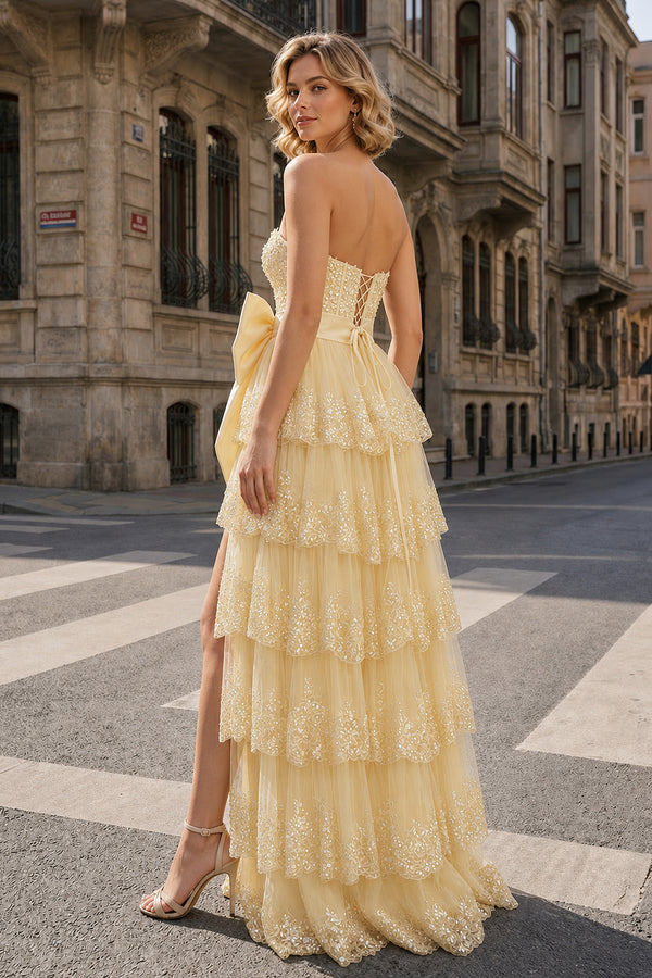 A-Line Sweetheart Sequin Ruffles Long Prom Dresses with Bow - KissProm