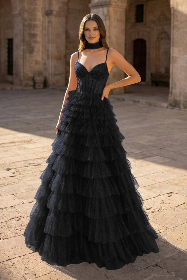 KissProm Tulle A-Line Spaghetti Strap Beaded Long Tiered Prom Dress, Black / 12
