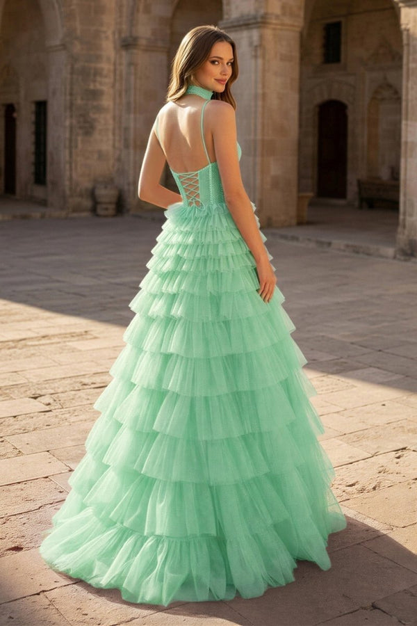 KissProm Tulle A-Line Spaghetti Strap Beaded Long Tiered Prom Dress, Green / 6