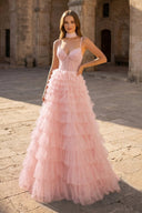 Tulle A - Line Spaghetti Strap Beaded Long Tiered Prom Dress - KissProm