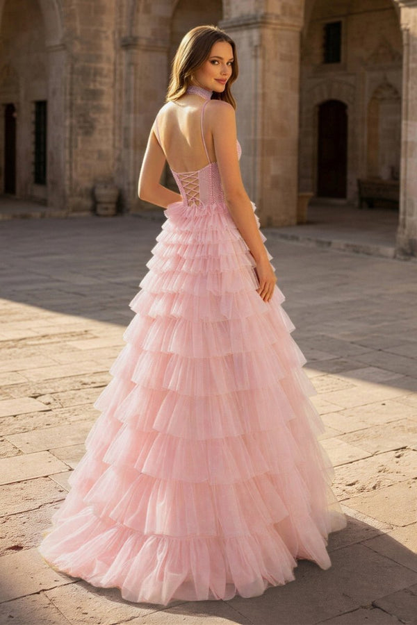 KissProm Tulle A-Line Spaghetti Strap Beaded Long Tiered Prom Dress, Pink / 00