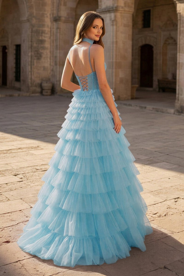 KissProm Tulle A-Line Spaghetti Strap Beaded Long Tiered Prom Dress, Blue / 10