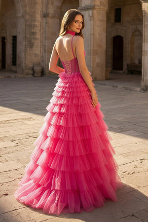 Tulle A - Line Spaghetti Strap Beaded Long Tiered Prom Dress - KissProm