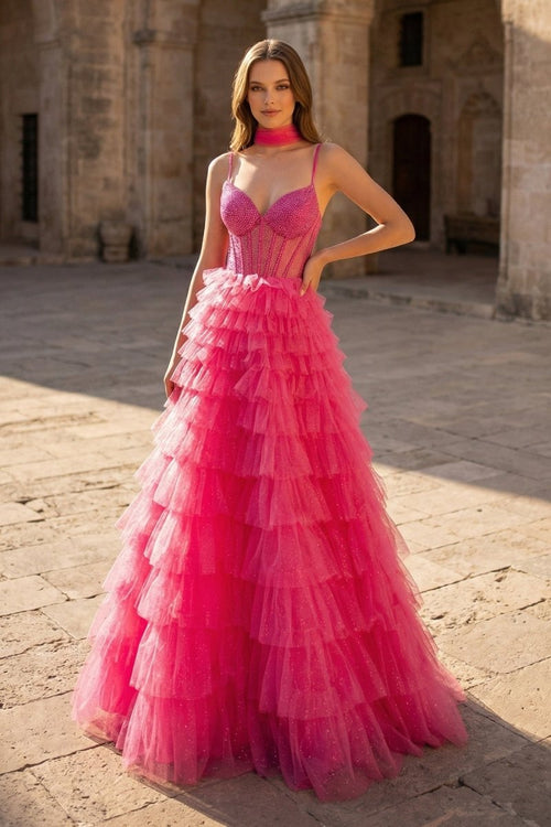 Tulle A - Line Spaghetti Strap Beaded Long Tiered Prom Dress - KissProm