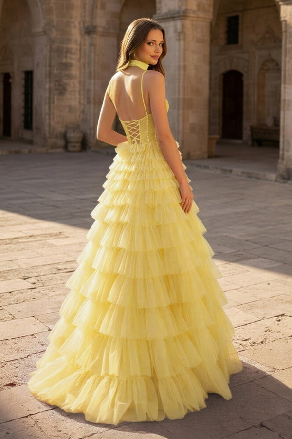 KissProm Tulle A-Line Spaghetti Strap Beaded Long Tiered Prom Dress, Yellow / 8
