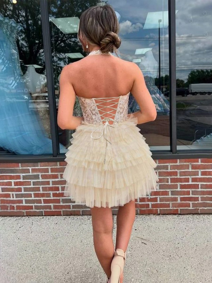 Yolanda  | Champagne - A Line V Neck Tulle Tiered Homecoming Dresses With Appliques