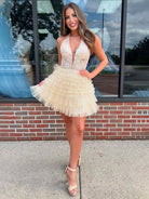 Yolanda  | Champagne - A Line V Neck Tulle Tiered Homecoming Dresses With Appliques