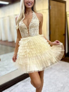 Yolanda  | Champagne - A Line V Neck Tulle Tiered Homecoming Dresses With Appliques