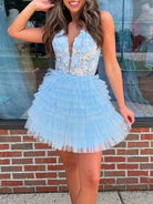 Yolanda  | Sky Blue - A Line V Neck Tulle Tiered Homecoming Dresses With Appliques