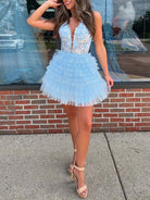 Yolanda  | Sky Blue - A Line V Neck Tulle Tiered Homecoming Dresses With Appliques