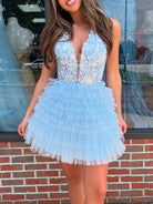 Yolanda  | Sky Blue - A Line V Neck Tulle Tiered Homecoming Dresses With Appliques