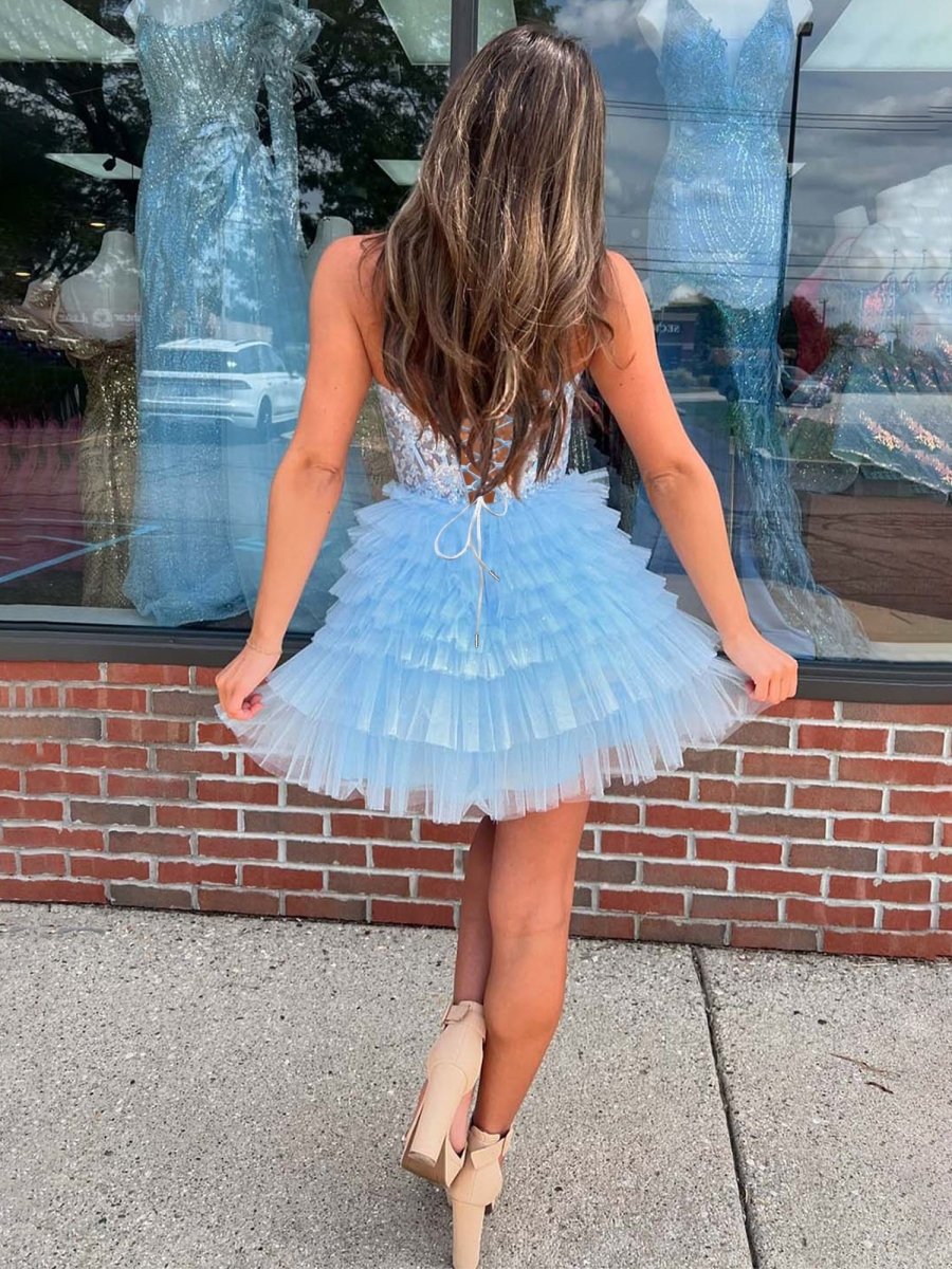 Yolanda  | Sky Blue - A Line V Neck Tulle Tiered Homecoming Dresses With Appliques