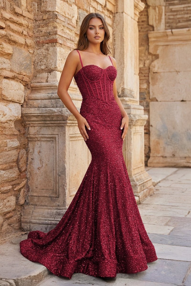 KissProm Mermaid Spaghetti Straps Sky Blue Sequins Prom Dresses, Burgundy / 00