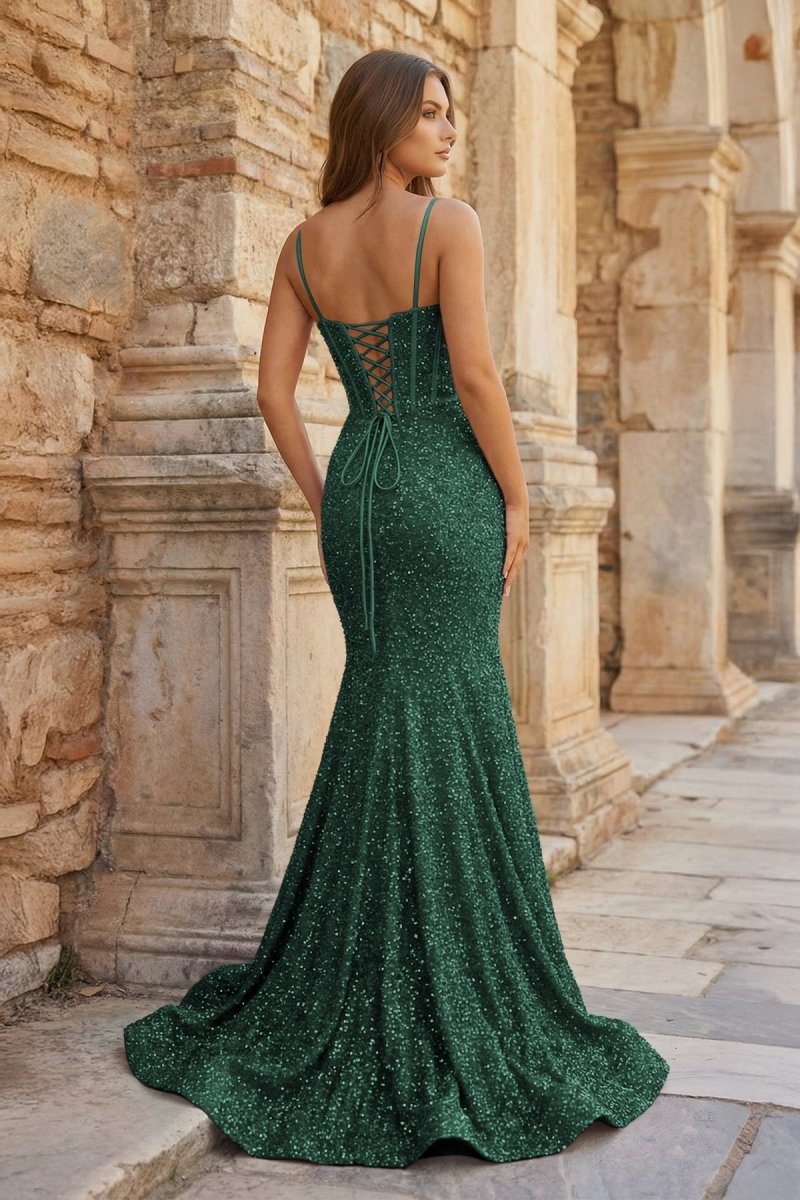 KissProm Mermaid Spaghetti Straps Sky Blue Sequins Prom Dresses, Green / 4
