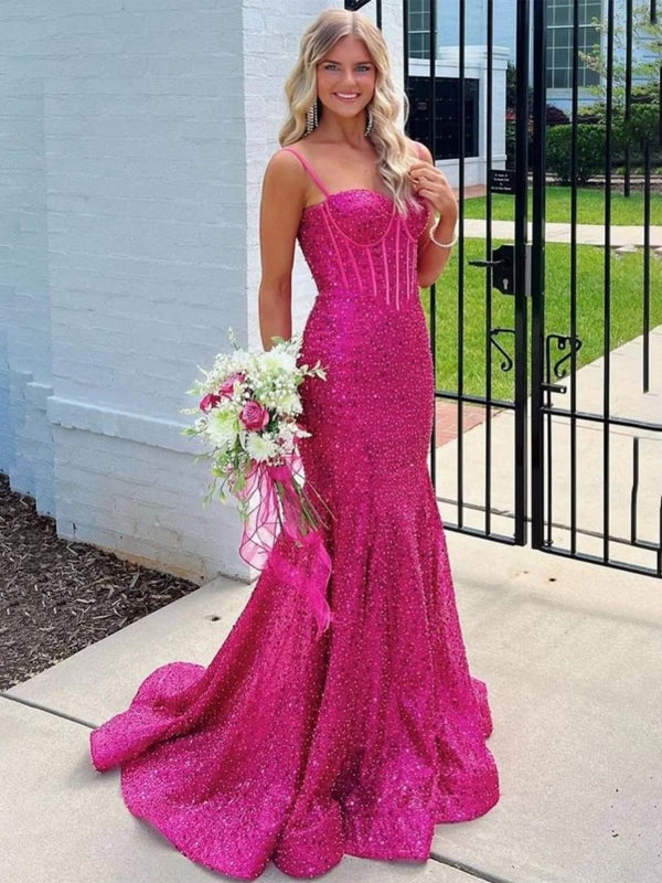 strapless open back dress Mermaid Spaghetti Straps Sky Blue Sequins Prom Dresses