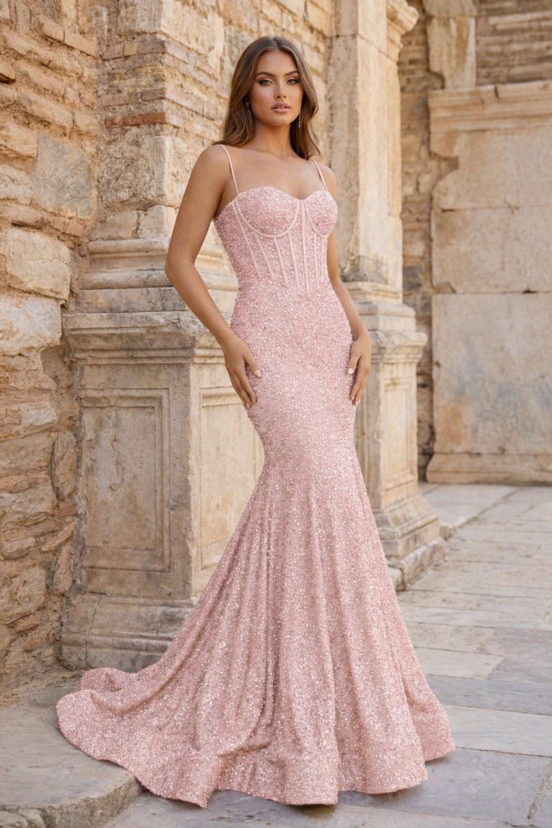 Mermaid Spaghetti Straps Sky Blue Sequins Prom Dresses - KissProm