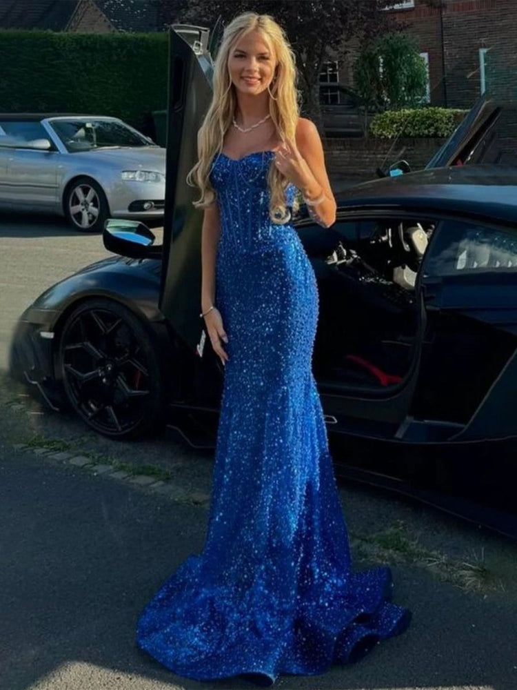 Mermaid Sweetheart Sky Blue Sequins Prom Dresses