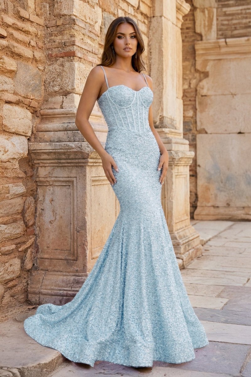 KissProm Mermaid Spaghetti Straps Sky Blue Sequins Prom Dresses, Sky Blue / 10