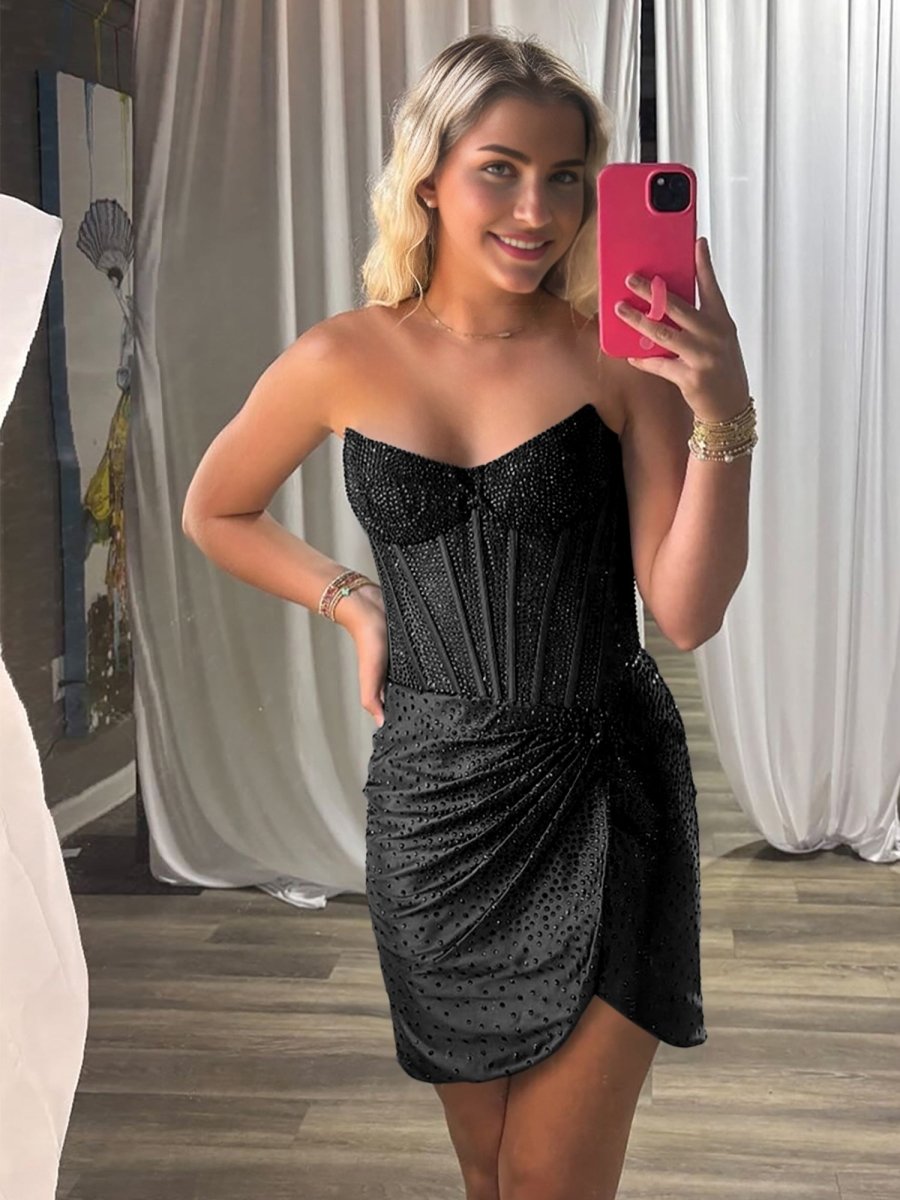 Yvaelia | Black - Strapless Satin Bodycon Short Homecoming Dresses With Beading
