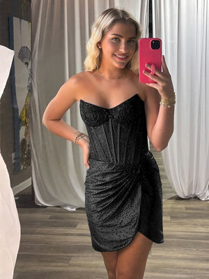 Yvaelia | Black - Strapless Satin Bodycon Short Homecoming Dresses With Beading