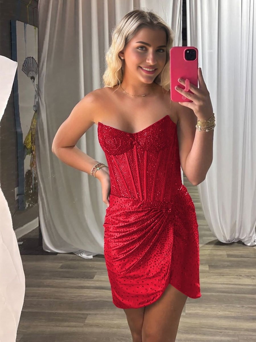 Yvaelia | Red - Strapless Satin Bodycon Short Homecoming Dresses With Beading