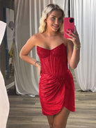 Yvaelia | Red - Strapless Satin Bodycon Short Homecoming Dresses With Beading