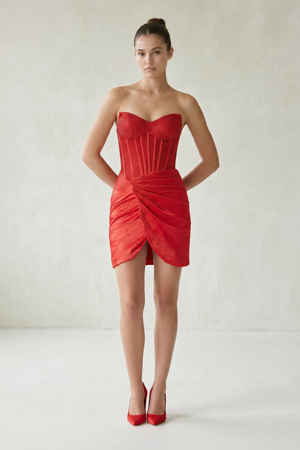Red Strapless Satin Bodycon Short Homecoming Dresses With Beading - KISSPROM
