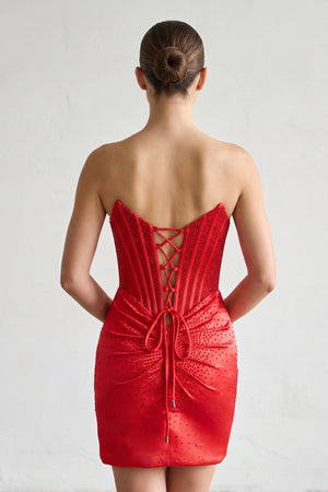 Red Strapless Satin Bodycon Short Homecoming Dresses With Beading - KISSPROM
