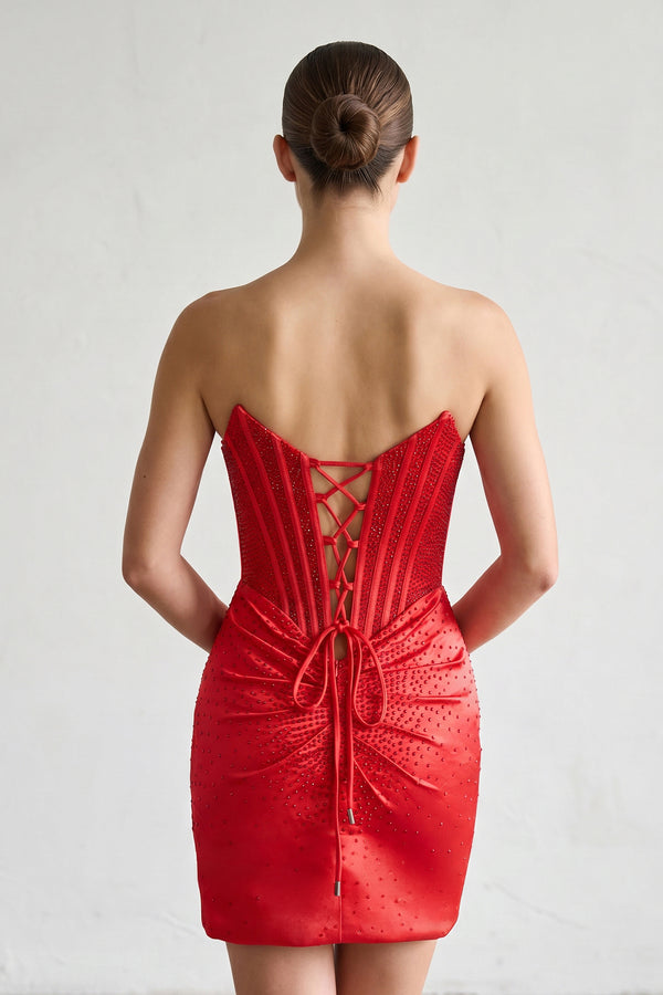 Red Strapless Satin Bodycon Short Homecoming Dresses With Beading - KISSPROM