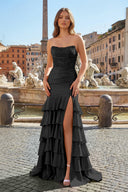 Charming Mermaid Strapless Pink Satin Long Prom Dresses with Appliques - KISSPROM PROM DRESSES