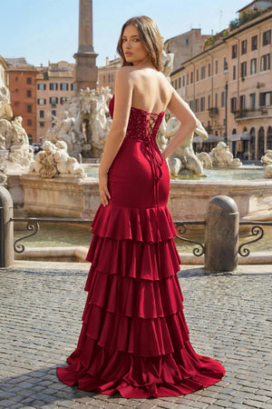 Charming Mermaid Strapless Pink Satin Long Prom Dresses with Appliques - KISSPROM PROM DRESSES