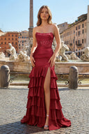 Charming Mermaid Strapless Pink Satin Long Prom Dresses with Appliques - KISSPROM PROM DRESSES