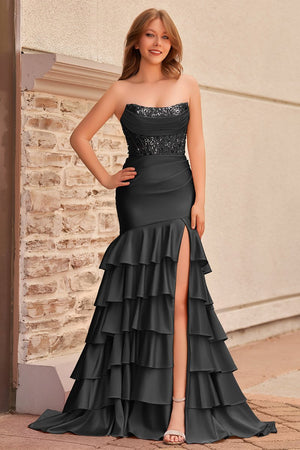 Charming Mermaid Strapless Pink Satin Long Prom Dresses with Appliques - KISSPROM PROM DRESSES