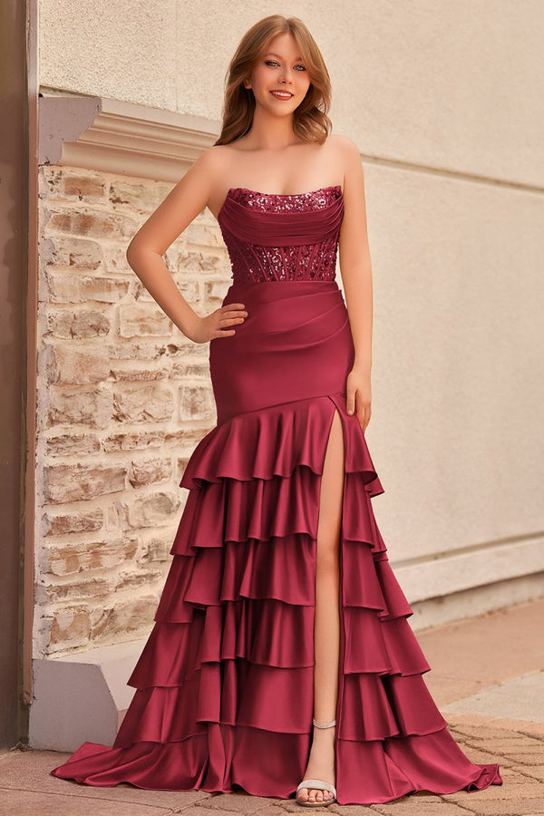 Yvonne | Charming Mermaid Strapless Pink Satin Long Prom Dresses with Appliques - KissProm